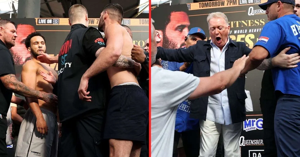 Frank Warren réagit à la gifle de Hrgovic lors du face-à-face avec Itauma